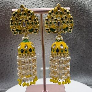 Gold and Green Peacock Earrings